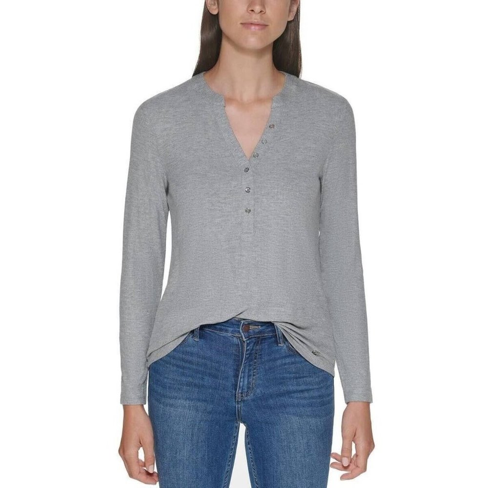 Calvin Klein Womens Split Neck Ribbed Shirt Henley Top Heather Gray Size L